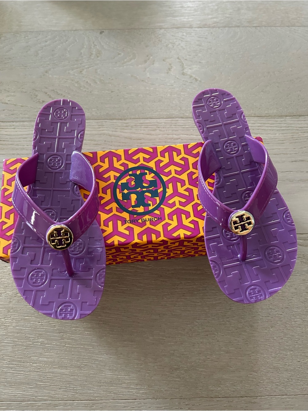Tory Burch Bright Purple Logo Jelly Thong Sandals